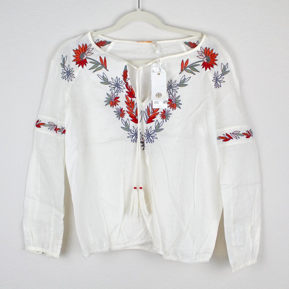 NEW Tory Burch Embroidered Cotton Peasant Top